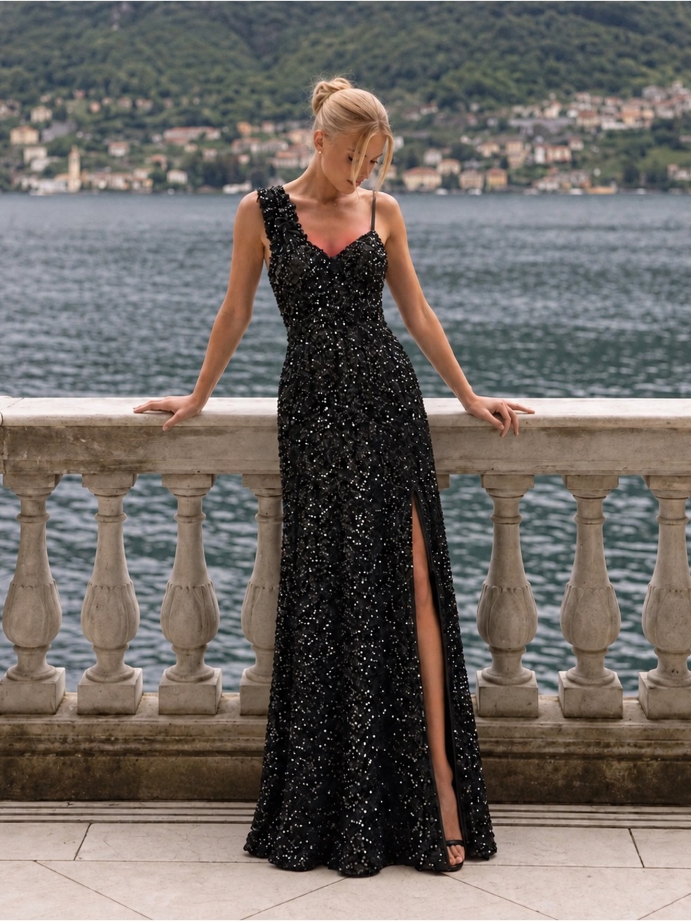 NWT COLOLURA Black Sequin One Shoulder Formal Maxi Gown Slit Dress M